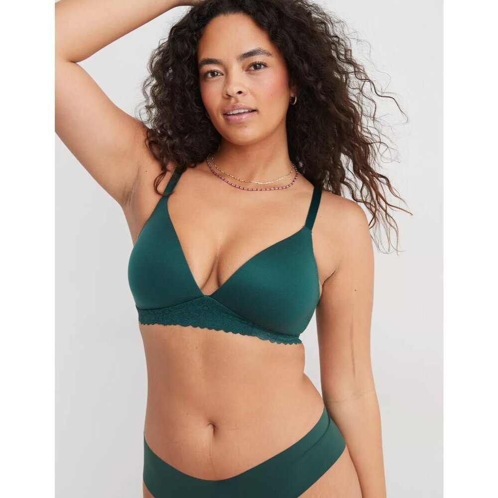 Aerie Sunnie Wireless Lightly Lined Blossom Lace Trim Bra Green Womens Size 34D